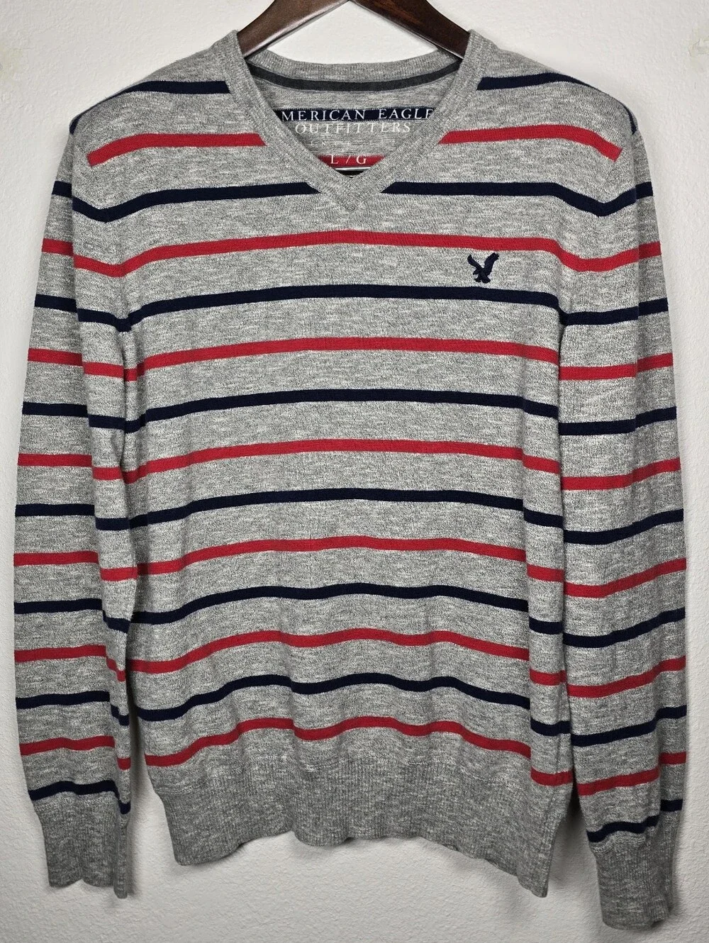 American Eagle Outfitters Gray V-Neck Sweater with Red & Navy Stripes